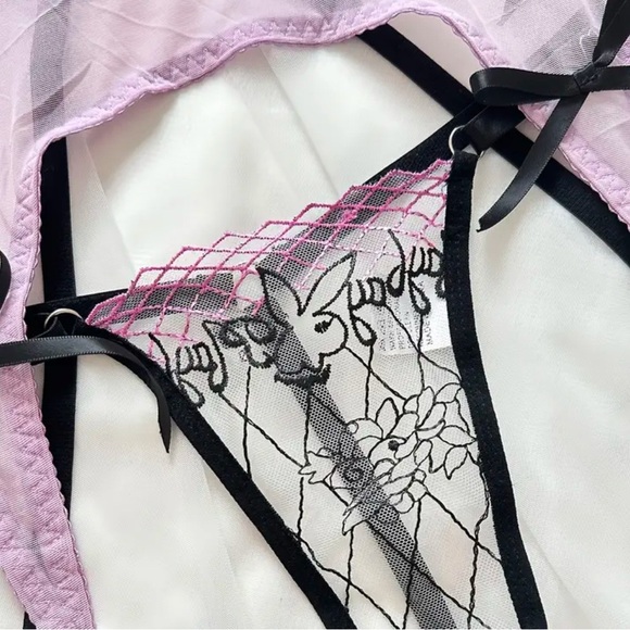 IZA 2pc Sexy Bunny Black & Lilac Purple Sheer Unlined Mesh Satin Bra & Thong Set - Picture 13 of 16